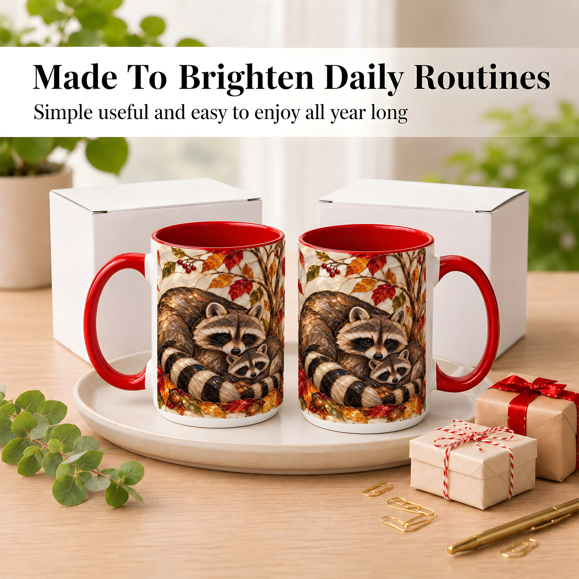 #pl[15oz|Red] Stained Glass Raccoon Coffee Mug, Autumn Family Mug, Ceramic Cup