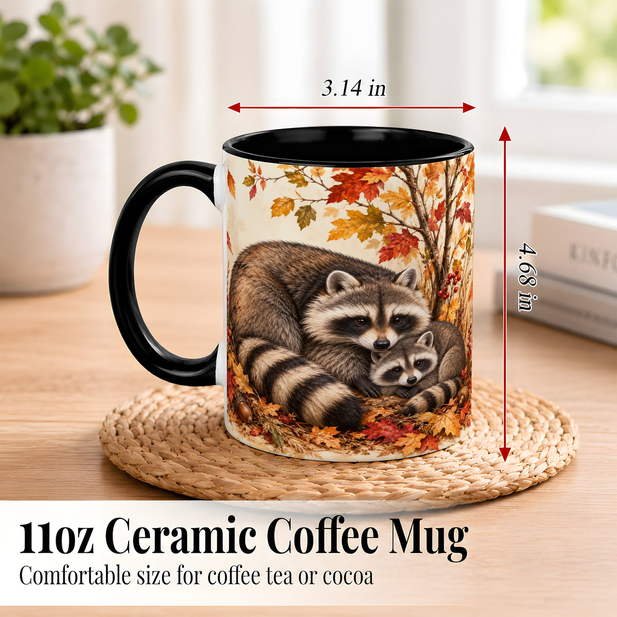 #pl[11oz|Black] Autumn Raccoon Family Coffee Mug, Woodland Raccoon Mug, Ceramic Cup