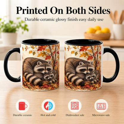 #pl[11oz|Black] Autumn Raccoon Family Coffee Mug, Woodland Raccoon Mug, Ceramic Cup