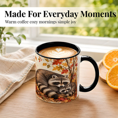 #pl[11oz|Black] Autumn Raccoon Family Coffee Mug, Woodland Raccoon Mug, Ceramic Cup
