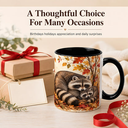 #pl[11oz|Black] Autumn Raccoon Family Coffee Mug, Woodland Raccoon Mug, Ceramic Cup