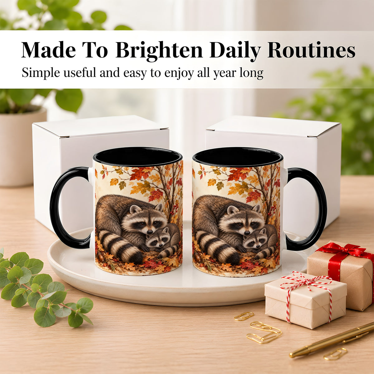 #pl[11oz|Black] Autumn Raccoon Family Coffee Mug, Woodland Raccoon Mug, Ceramic Cup