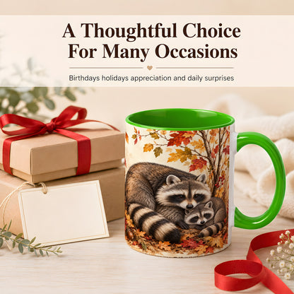 #pl[11oz|Green] Autumn Raccoon Family Coffee Mug, Woodland Raccoon Mug, Ceramic Cup