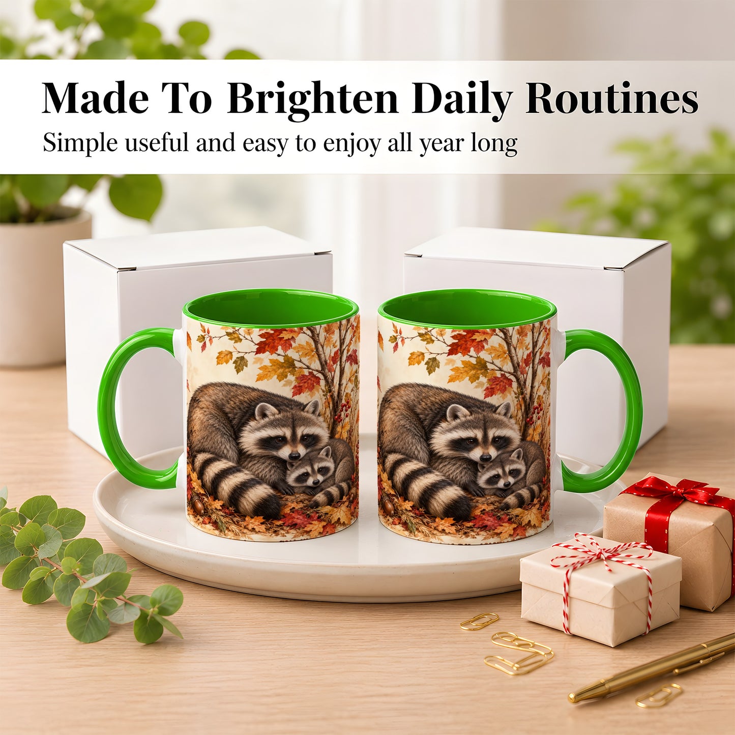 #pl[11oz|Green] Autumn Raccoon Family Coffee Mug, Woodland Raccoon Mug, Ceramic Cup