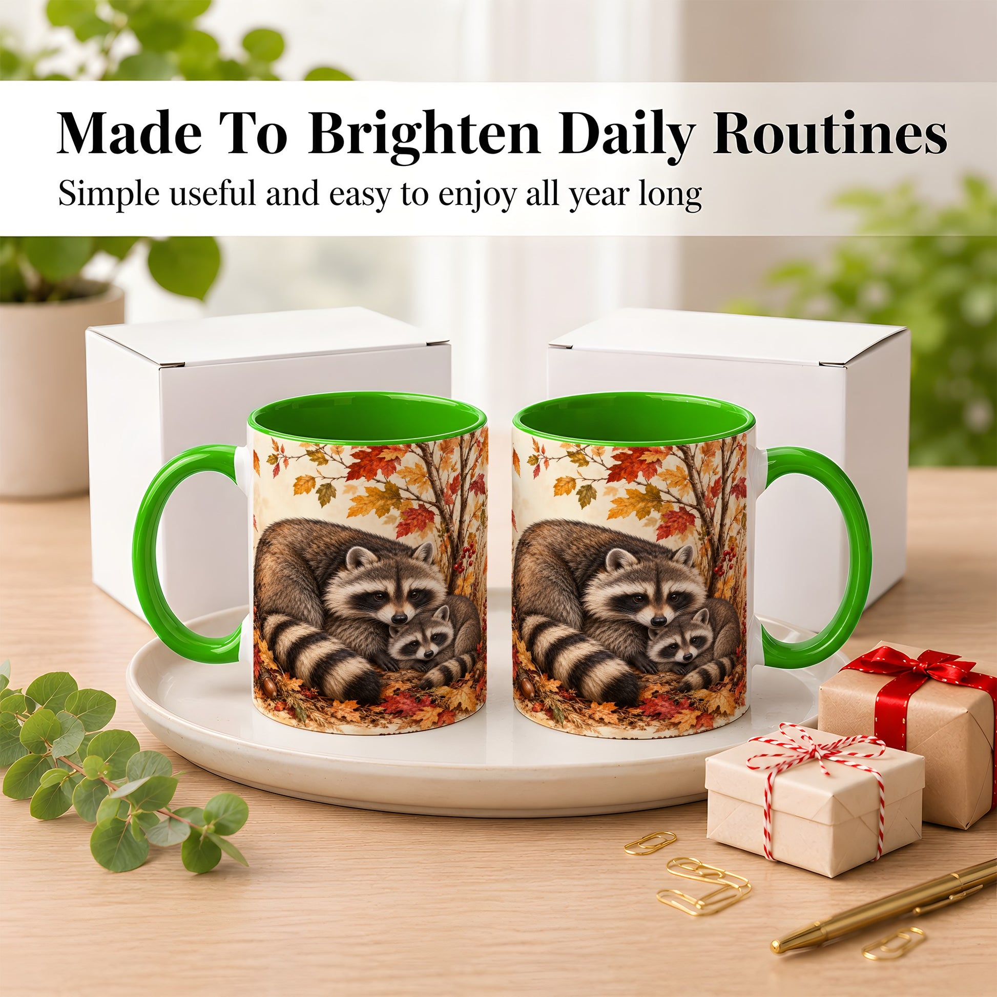 #pl[11oz|Green] Autumn Raccoon Family Coffee Mug, Woodland Raccoon Mug, Ceramic Cup