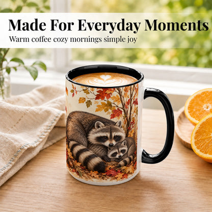 #pl[15oz|Black] Autumn Raccoon Family Coffee Mug, Woodland Raccoon Mug, Ceramic Cup