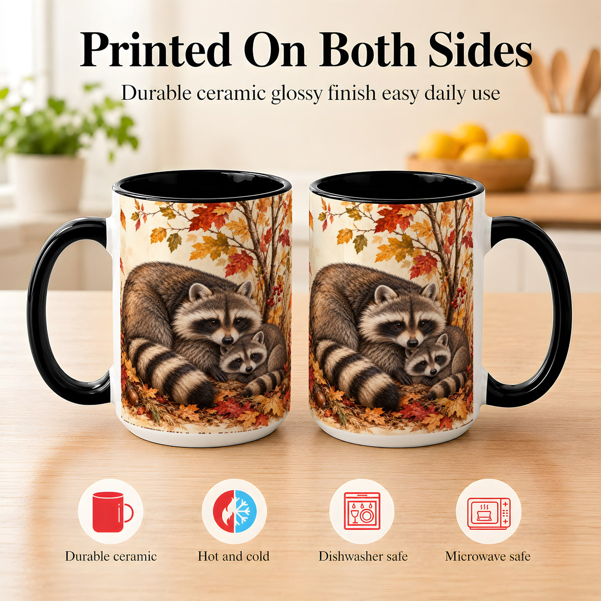 #pl[15oz|Black] Autumn Raccoon Family Coffee Mug, Woodland Raccoon Mug, Ceramic Cup