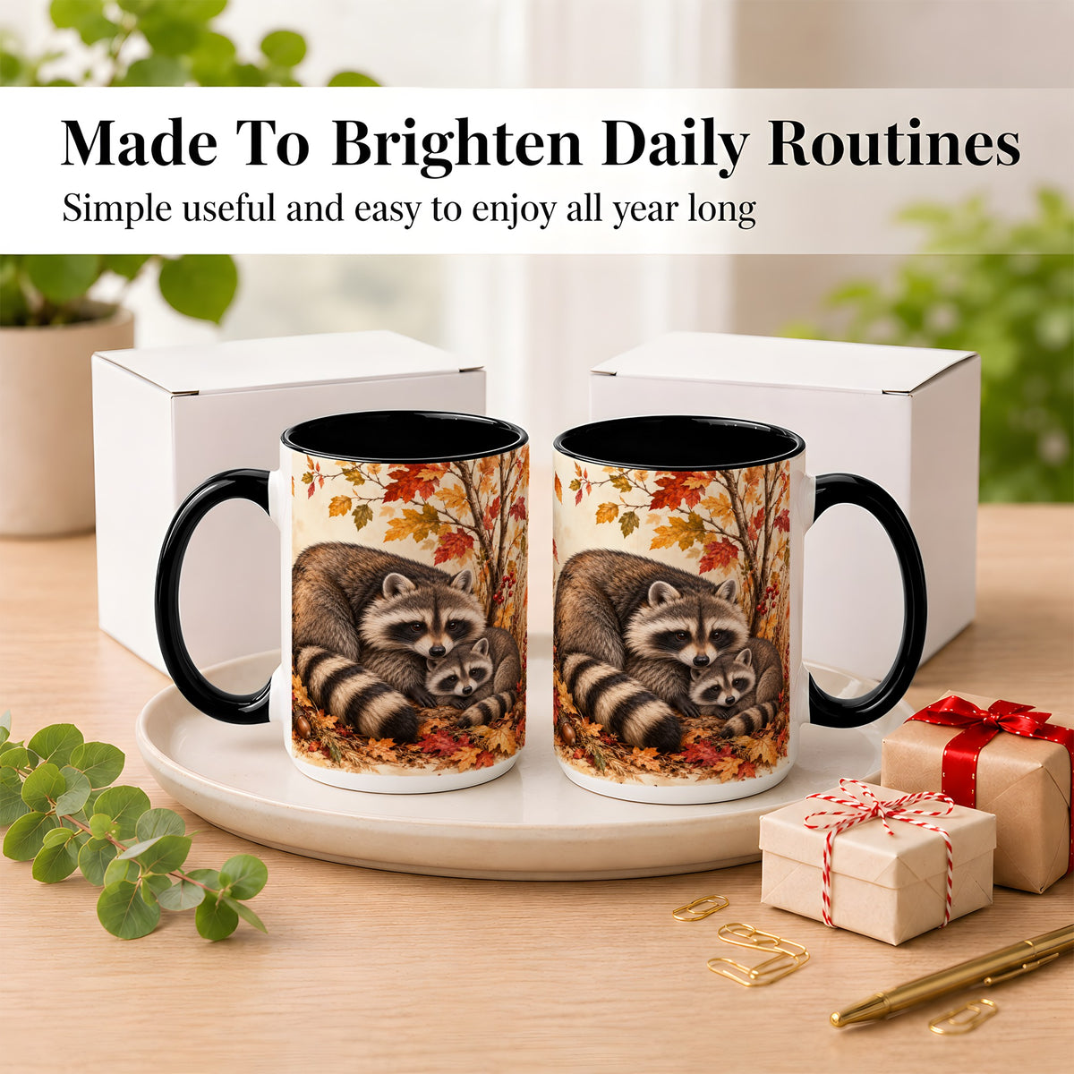#pl[15oz|Black] Autumn Raccoon Family Coffee Mug, Woodland Raccoon Mug, Ceramic Cup