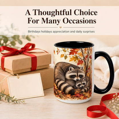 #pl[15oz|Black] Autumn Raccoon Family Coffee Mug, Woodland Raccoon Mug, Ceramic Cup