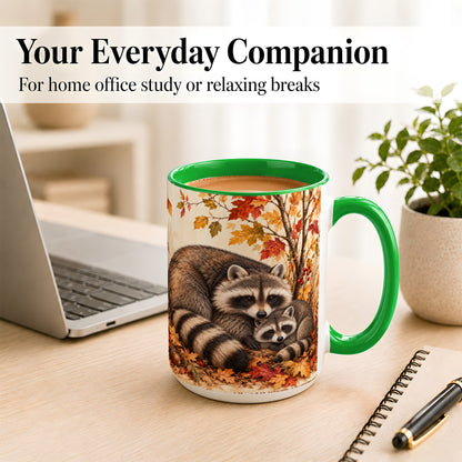#pl[15oz|Green] Autumn Raccoon Family Coffee Mug, Woodland Raccoon Mug, Ceramic Cup