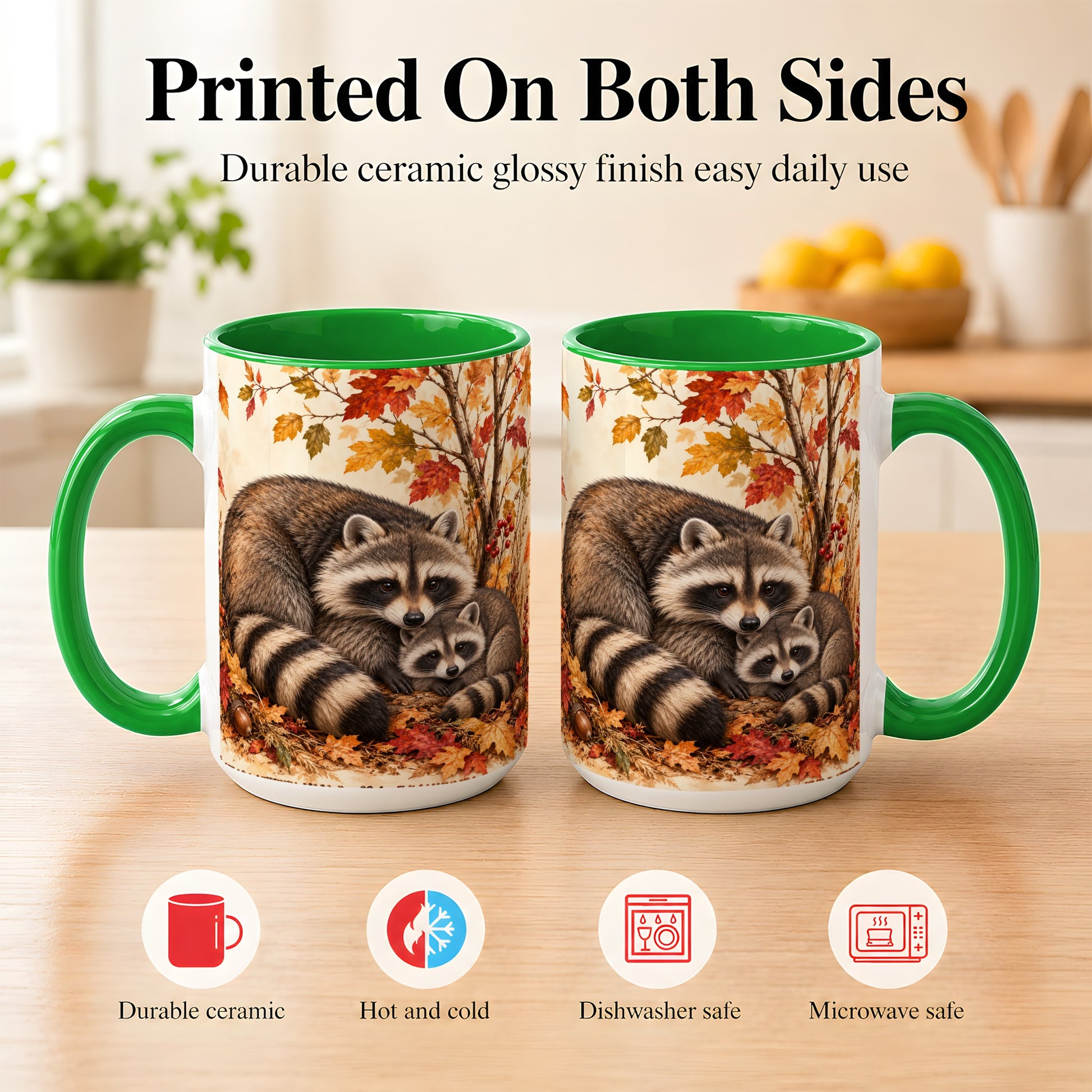 #pl[15oz|Green] Autumn Raccoon Family Coffee Mug, Woodland Raccoon Mug, Ceramic Cup