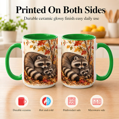 #pl[15oz|Green] Autumn Raccoon Family Coffee Mug, Woodland Raccoon Mug, Ceramic Cup