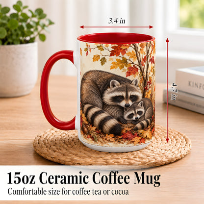 #pl[15oz|Red] Autumn Raccoon Family Coffee Mug, Woodland Raccoon Mug, Ceramic Cup