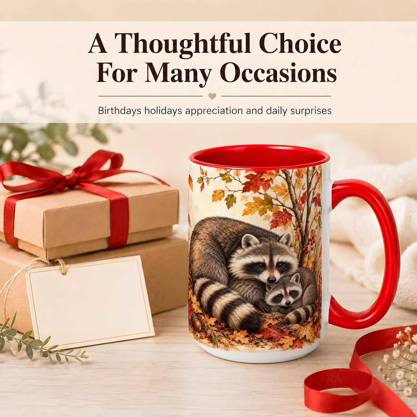 #pl[15oz|Red] Autumn Raccoon Family Coffee Mug, Woodland Raccoon Mug, Ceramic Cup