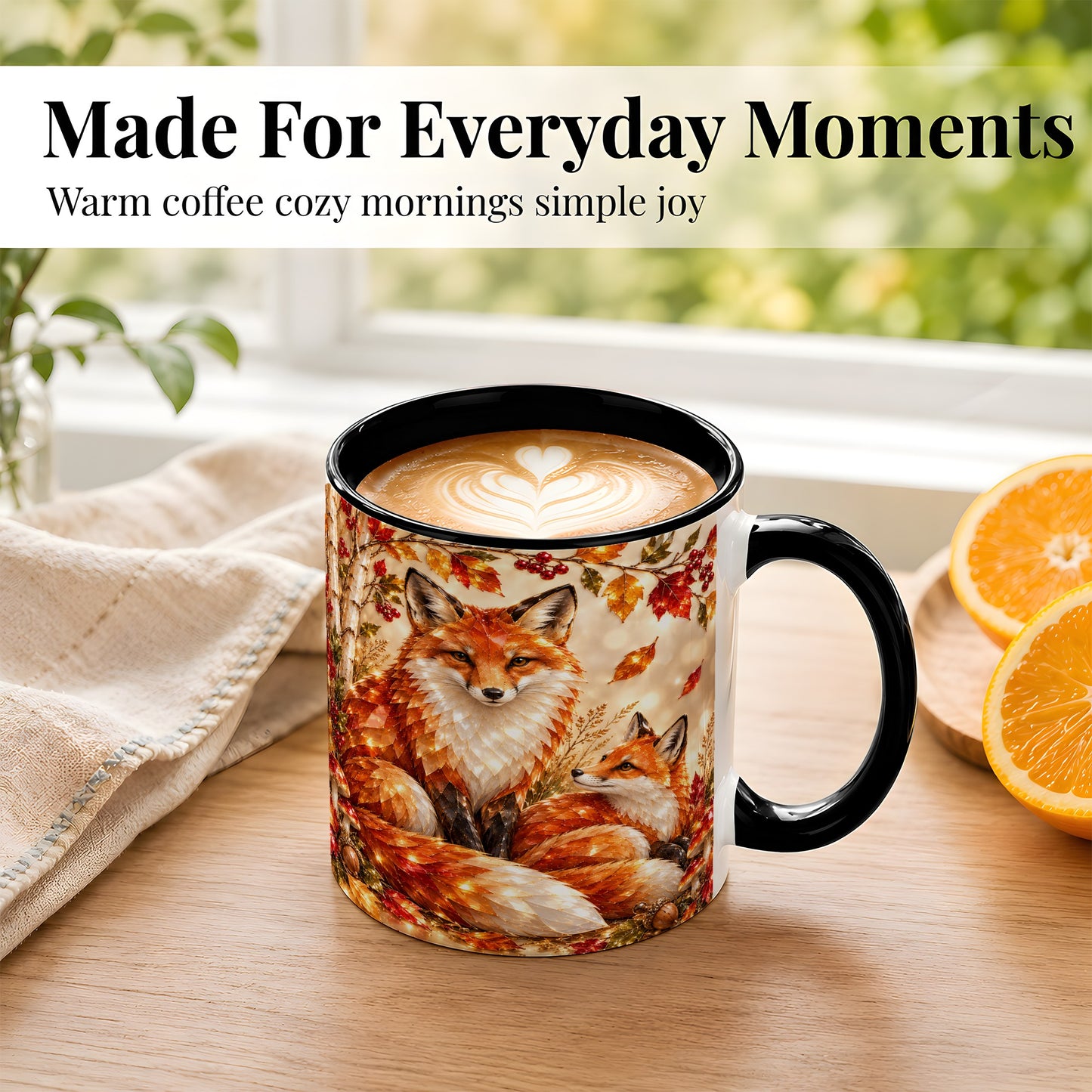 #pl[11oz|Black] Faceted Fox Family Coffee Mug, Autumn Woodland Mug, Ceramic Cup