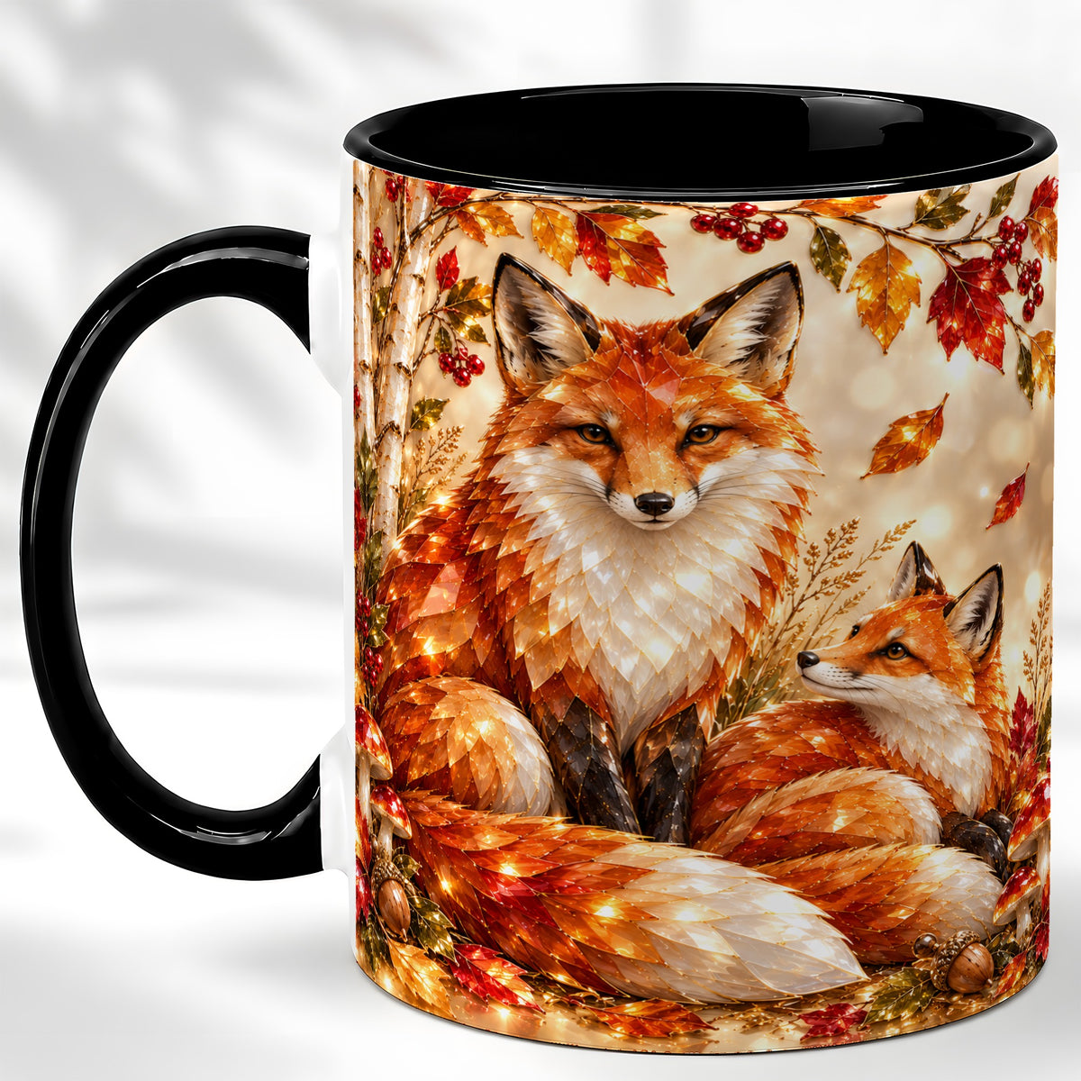 #pl[11oz|Black] Faceted Fox Family Coffee Mug, Autumn Woodland Mug, Ceramic Cup