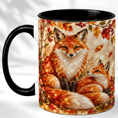 #pl[11oz|Black] Faceted Fox Family Coffee Mug, Autumn Woodland Mug, Ceramic Cup