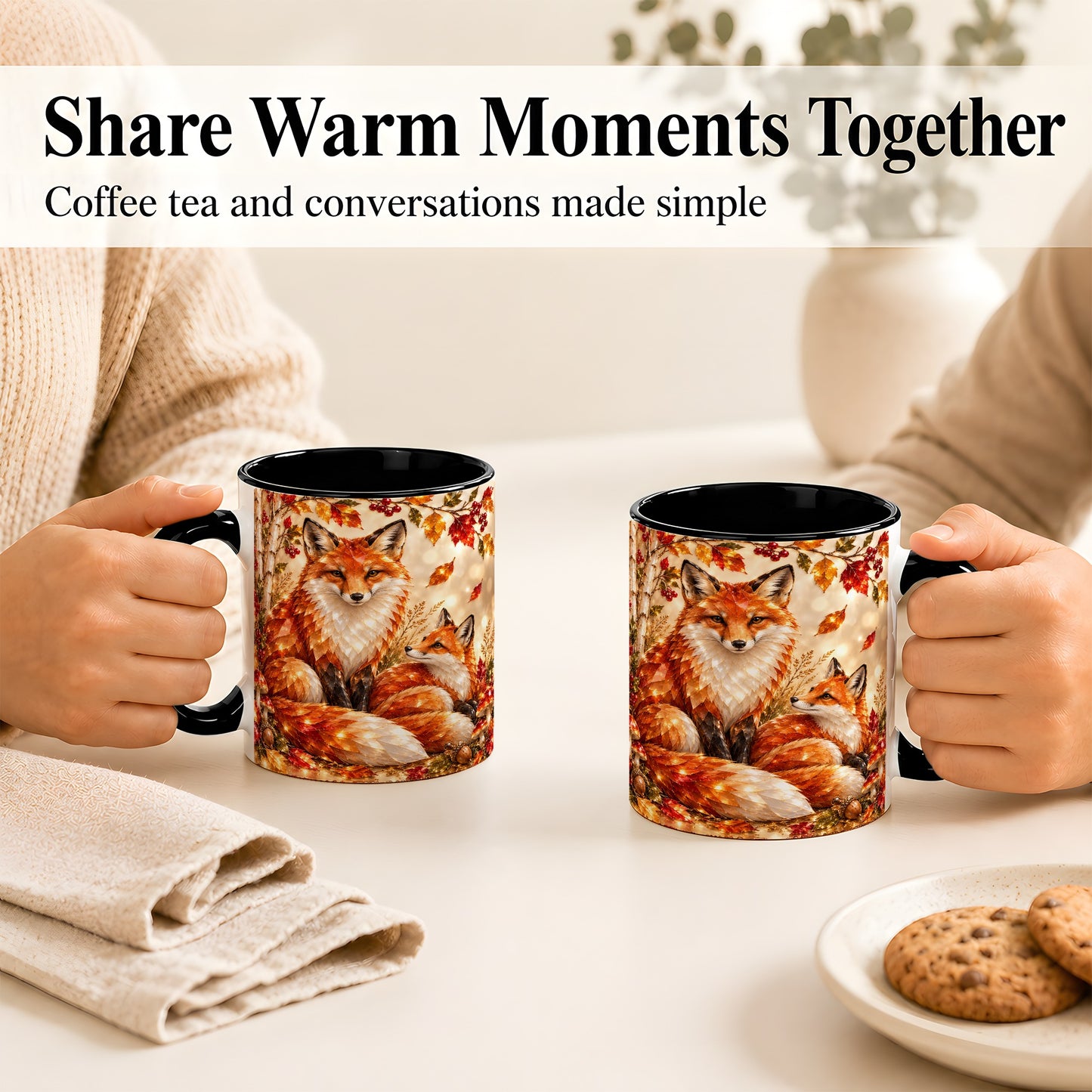 #pl[11oz|Black] Faceted Fox Family Coffee Mug, Autumn Woodland Mug, Ceramic Cup