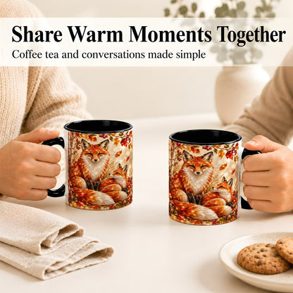 #pl[11oz|Black] Faceted Fox Family Coffee Mug, Autumn Woodland Mug, Ceramic Cup
