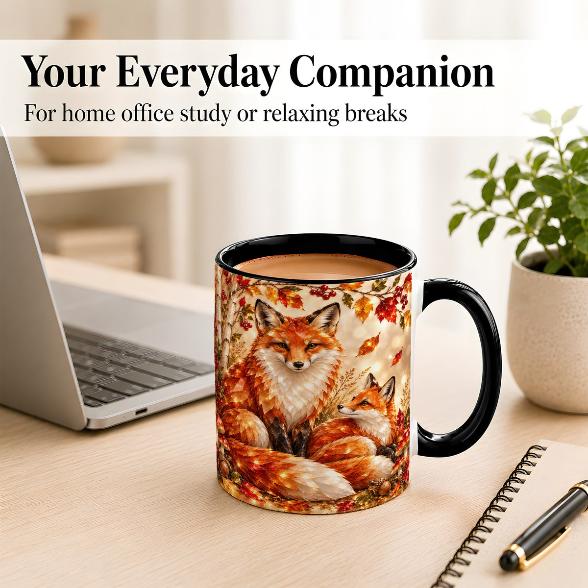 #pl[11oz|Black] Faceted Fox Family Coffee Mug, Autumn Woodland Mug, Ceramic Cup