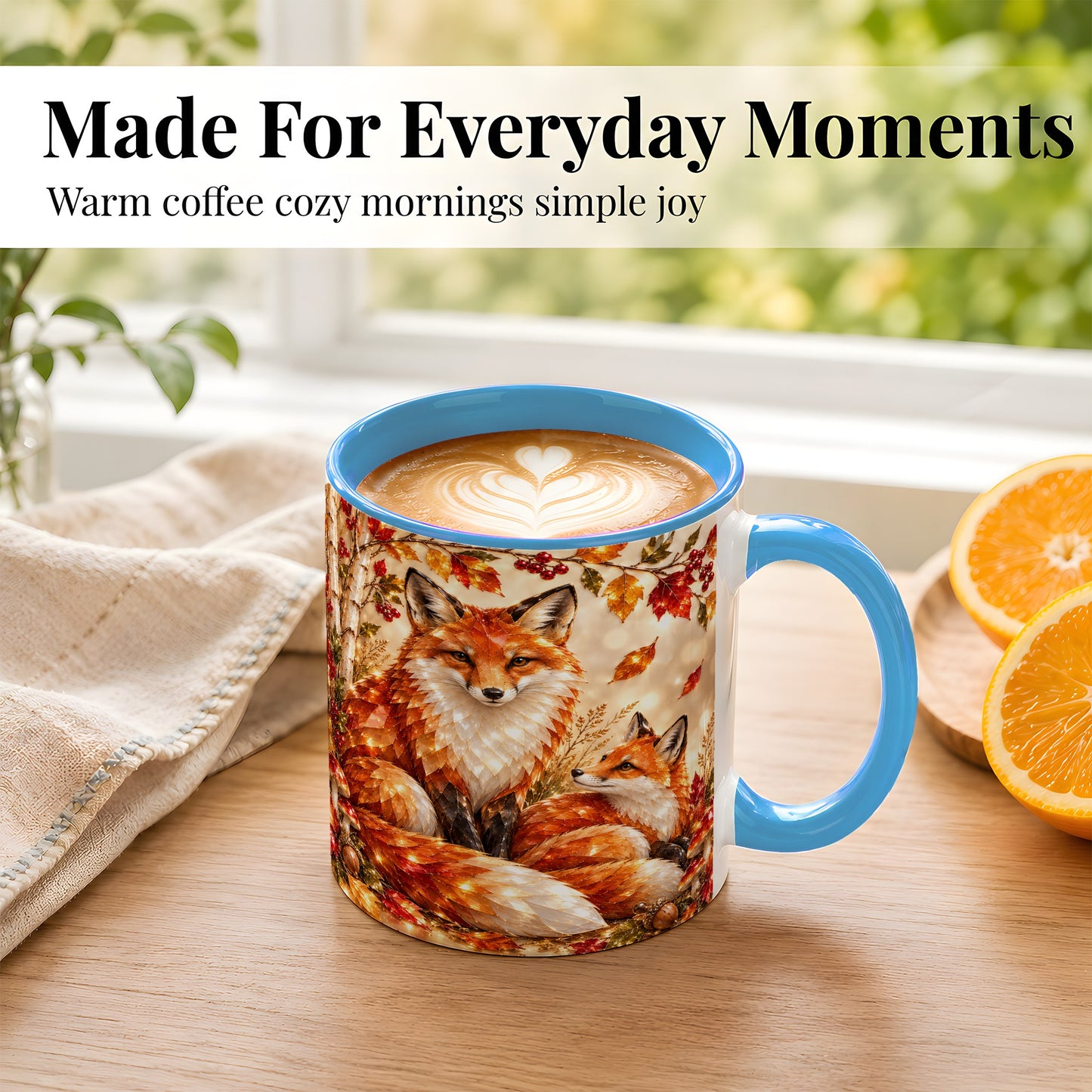 #pl[11oz|Blue] Faceted Fox Family Coffee Mug, Autumn Woodland Mug, Ceramic Cup