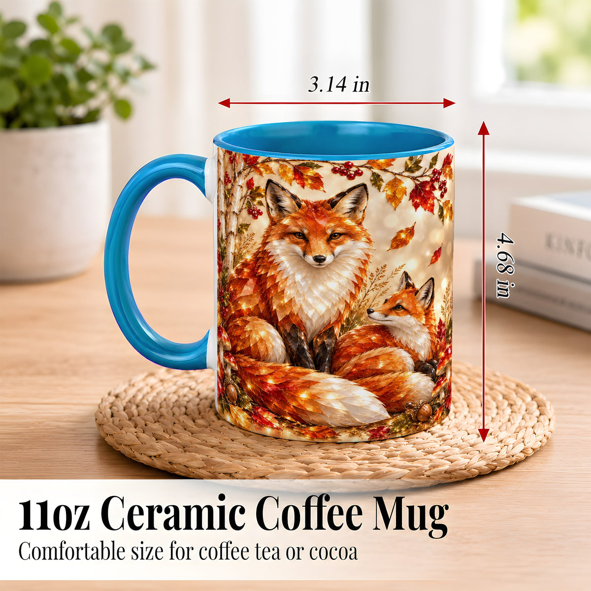 #pl[11oz|Blue] Faceted Fox Family Coffee Mug, Autumn Woodland Mug, Ceramic Cup
