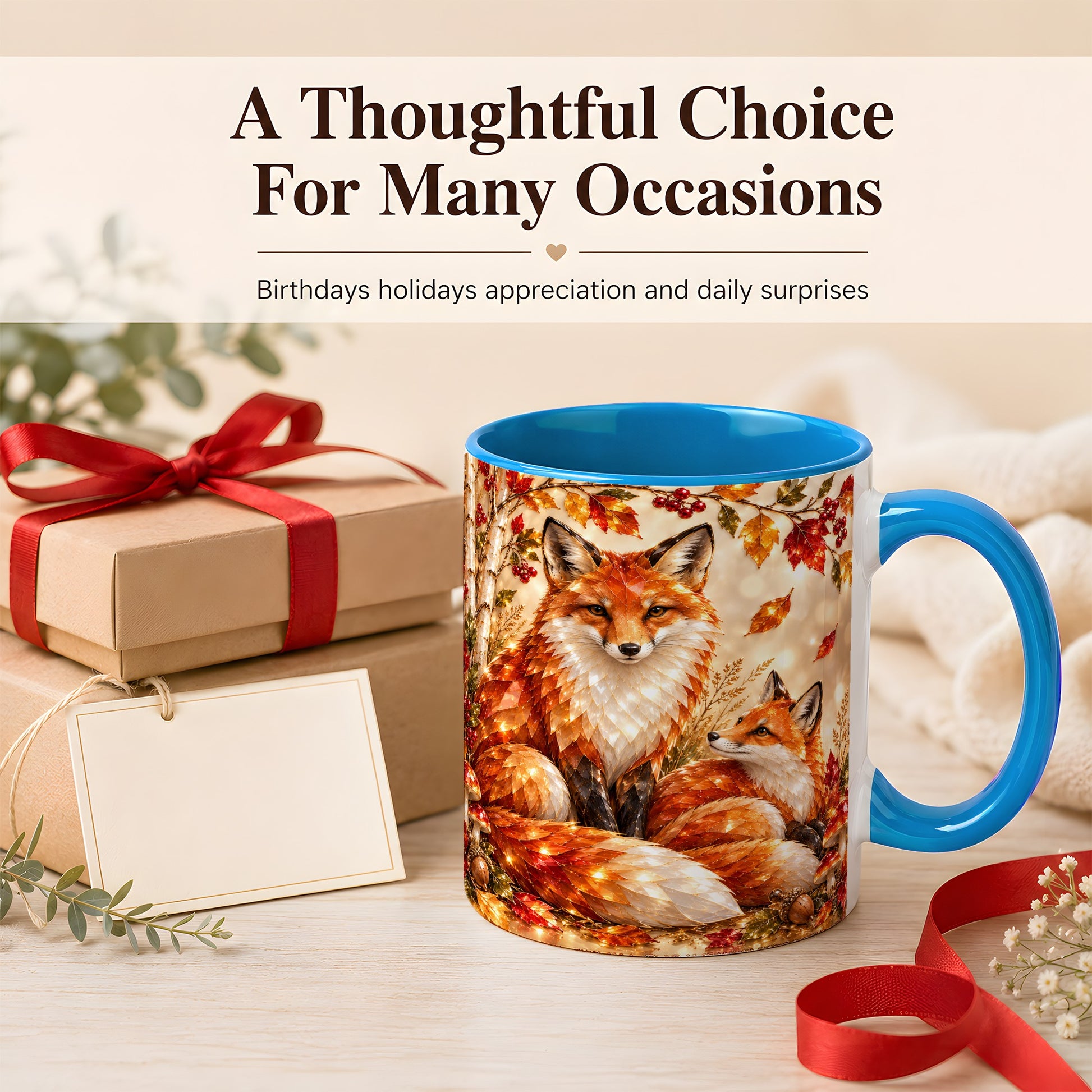 #pl[11oz|Blue] Faceted Fox Family Coffee Mug, Autumn Woodland Mug, Ceramic Cup