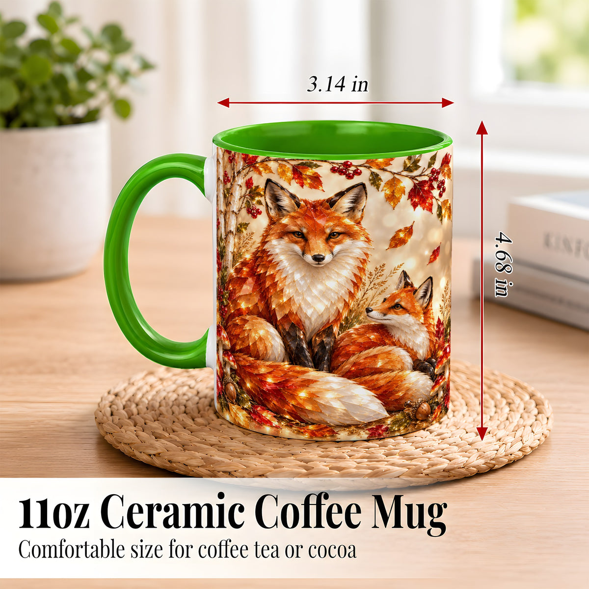 #pl[11oz|Green] Faceted Fox Family Coffee Mug, Autumn Woodland Mug, Ceramic Cup