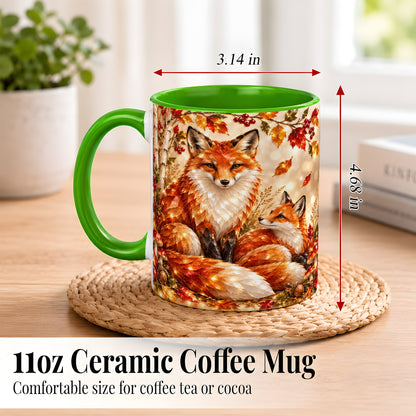 #pl[11oz|Green] Faceted Fox Family Coffee Mug, Autumn Woodland Mug, Ceramic Cup