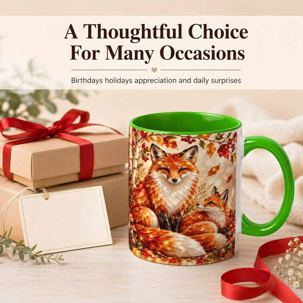 #pl[11oz|Green] Faceted Fox Family Coffee Mug, Autumn Woodland Mug, Ceramic Cup