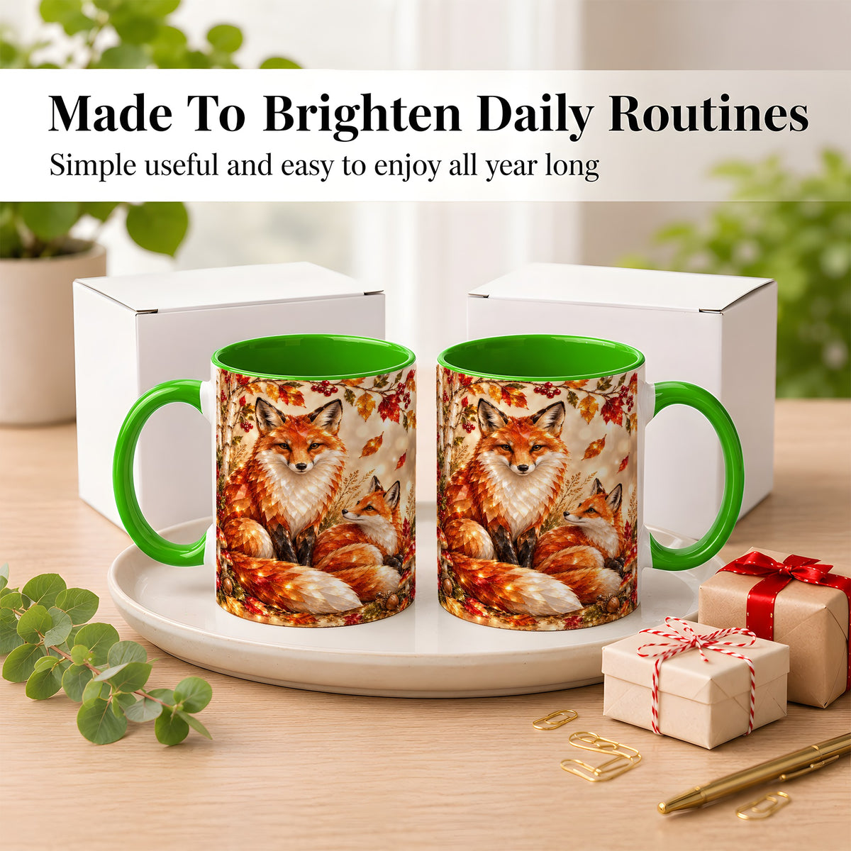 #pl[11oz|Green] Faceted Fox Family Coffee Mug, Autumn Woodland Mug, Ceramic Cup