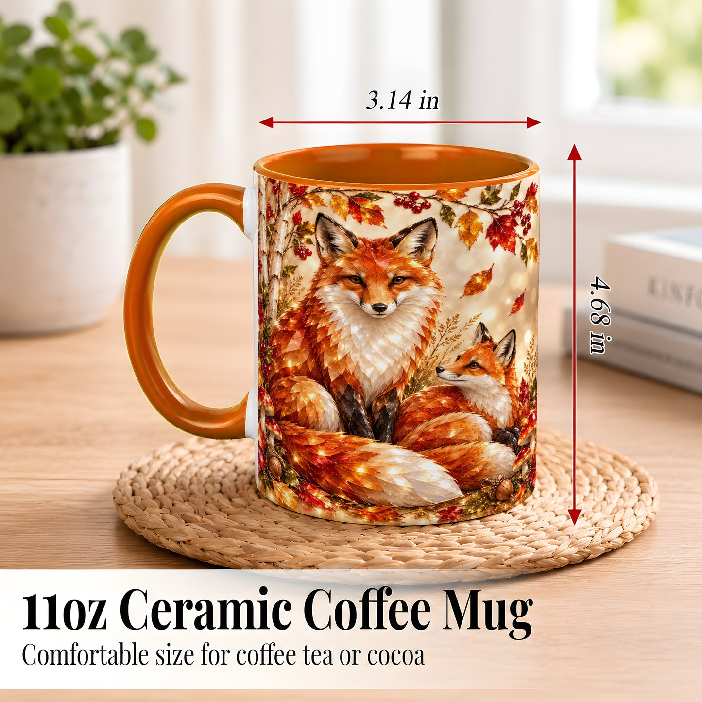 #pl[11oz|Orange] Faceted Fox Family Coffee Mug, Autumn Woodland Mug, Ceramic Cup