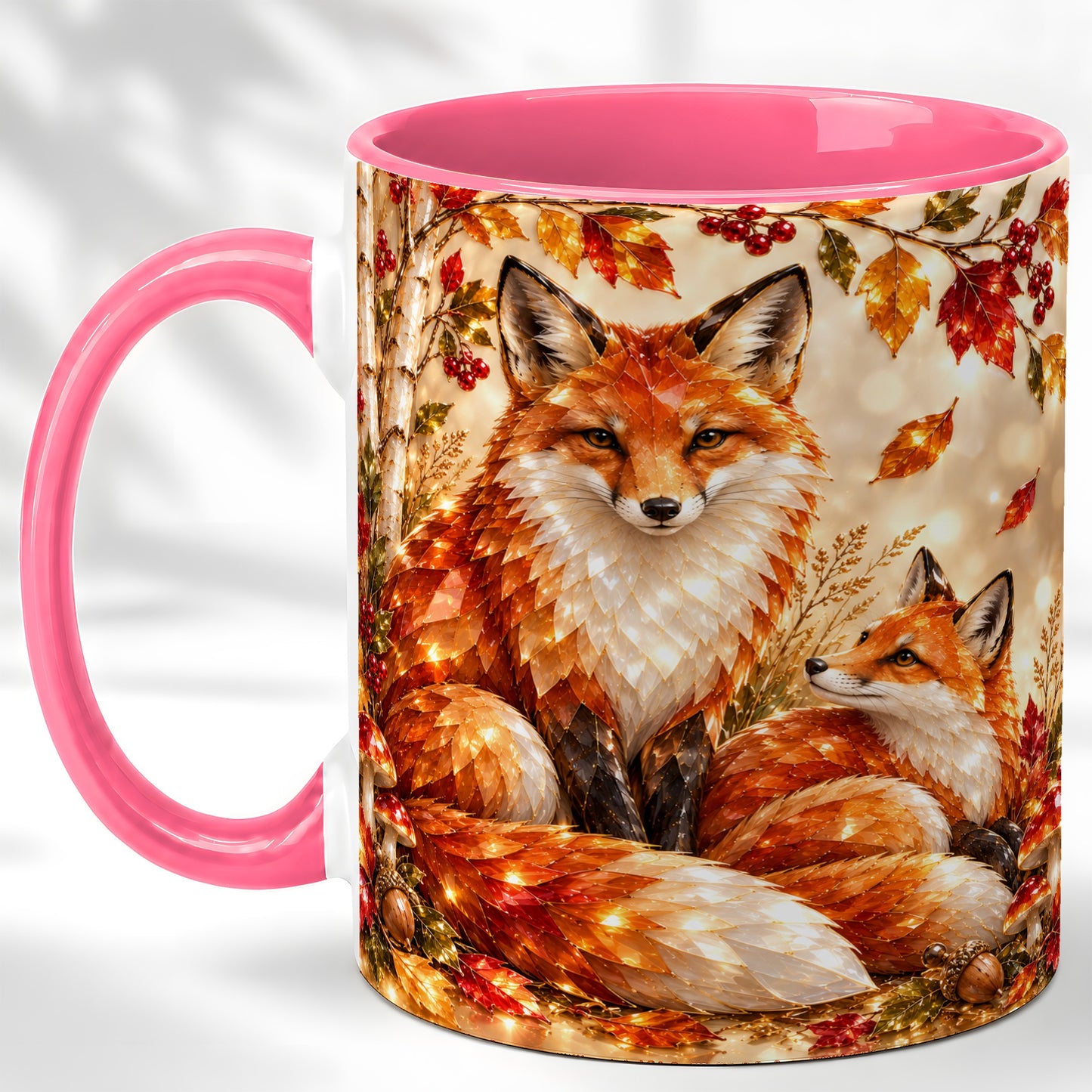 #pl[11oz|Pink] Faceted Fox Family Coffee Mug, Autumn Woodland Mug, Ceramic Cup