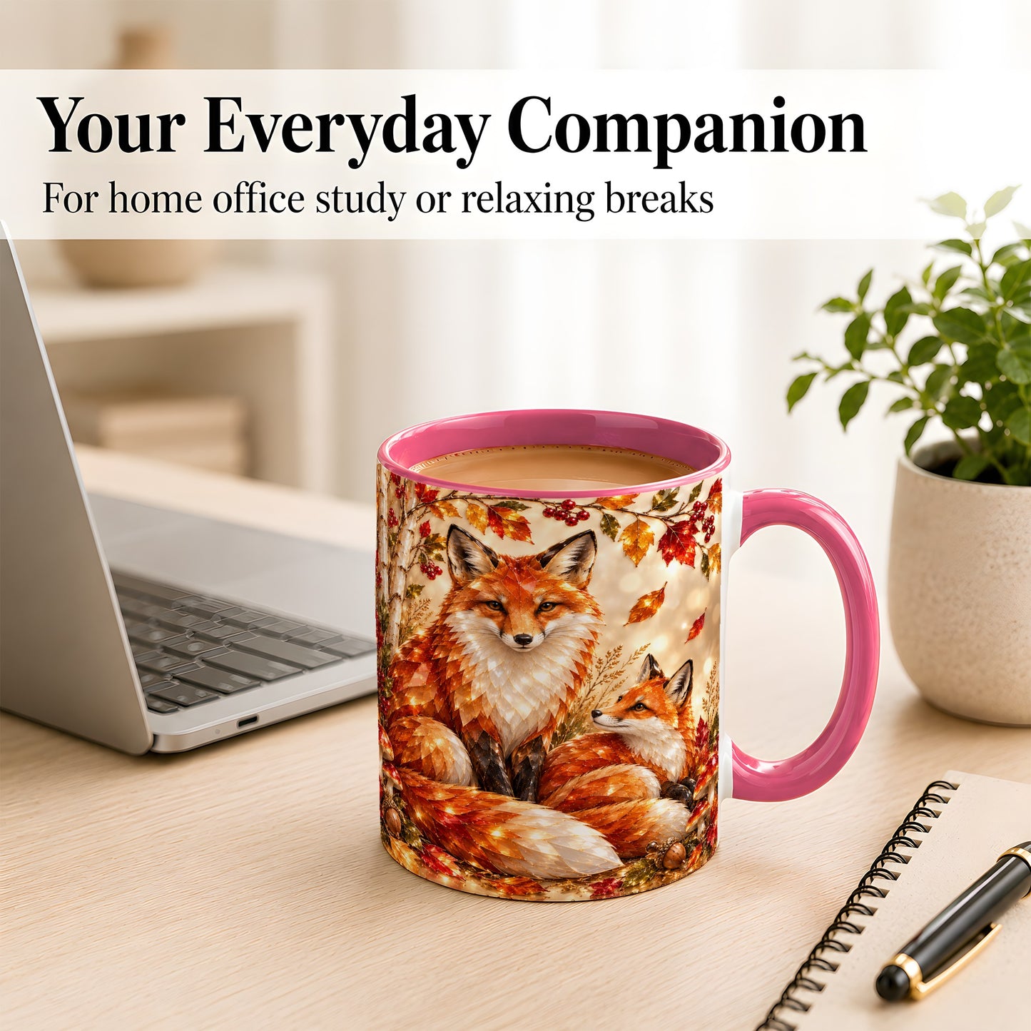 #pl[11oz|Pink] Faceted Fox Family Coffee Mug, Autumn Woodland Mug, Ceramic Cup