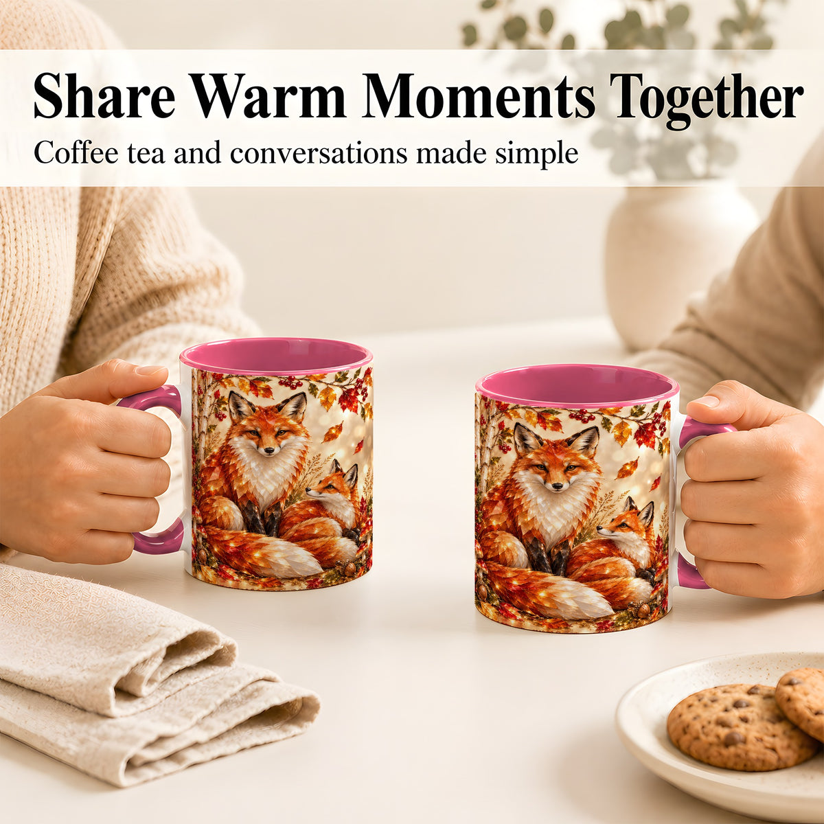 #pl[11oz|Pink] Faceted Fox Family Coffee Mug, Autumn Woodland Mug, Ceramic Cup