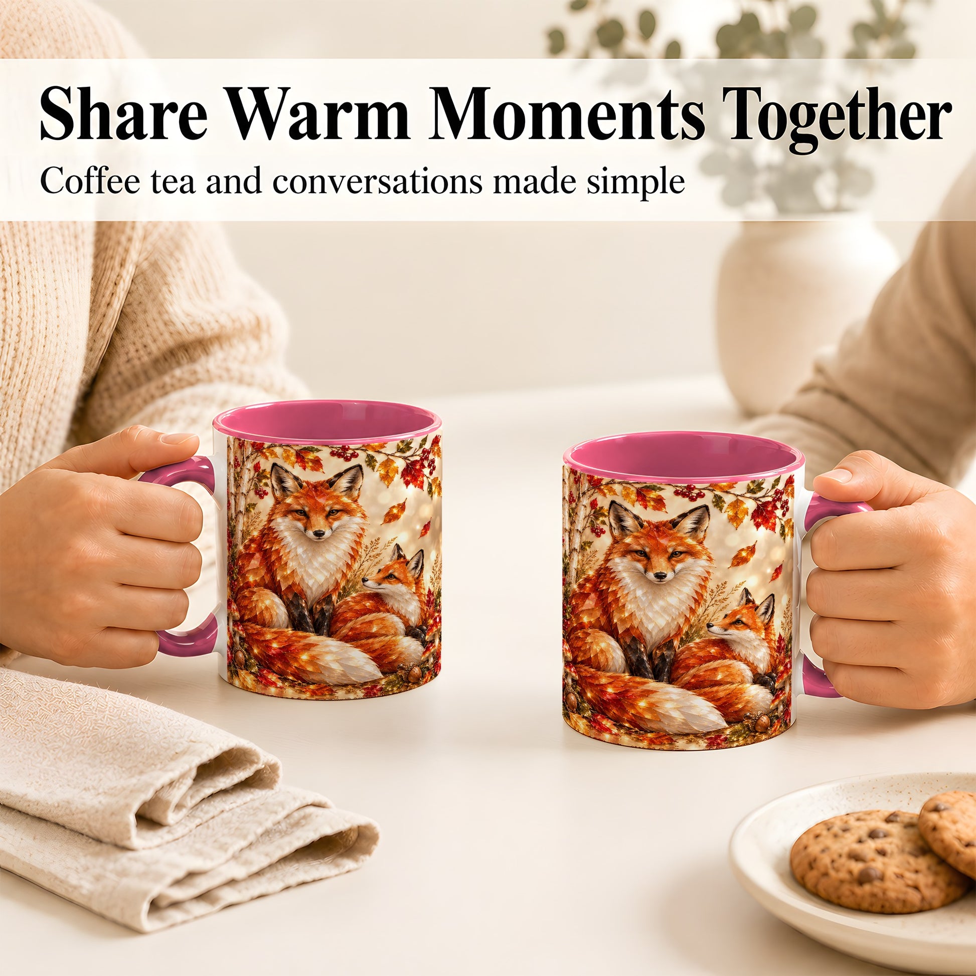 #pl[11oz|Pink] Faceted Fox Family Coffee Mug, Autumn Woodland Mug, Ceramic Cup