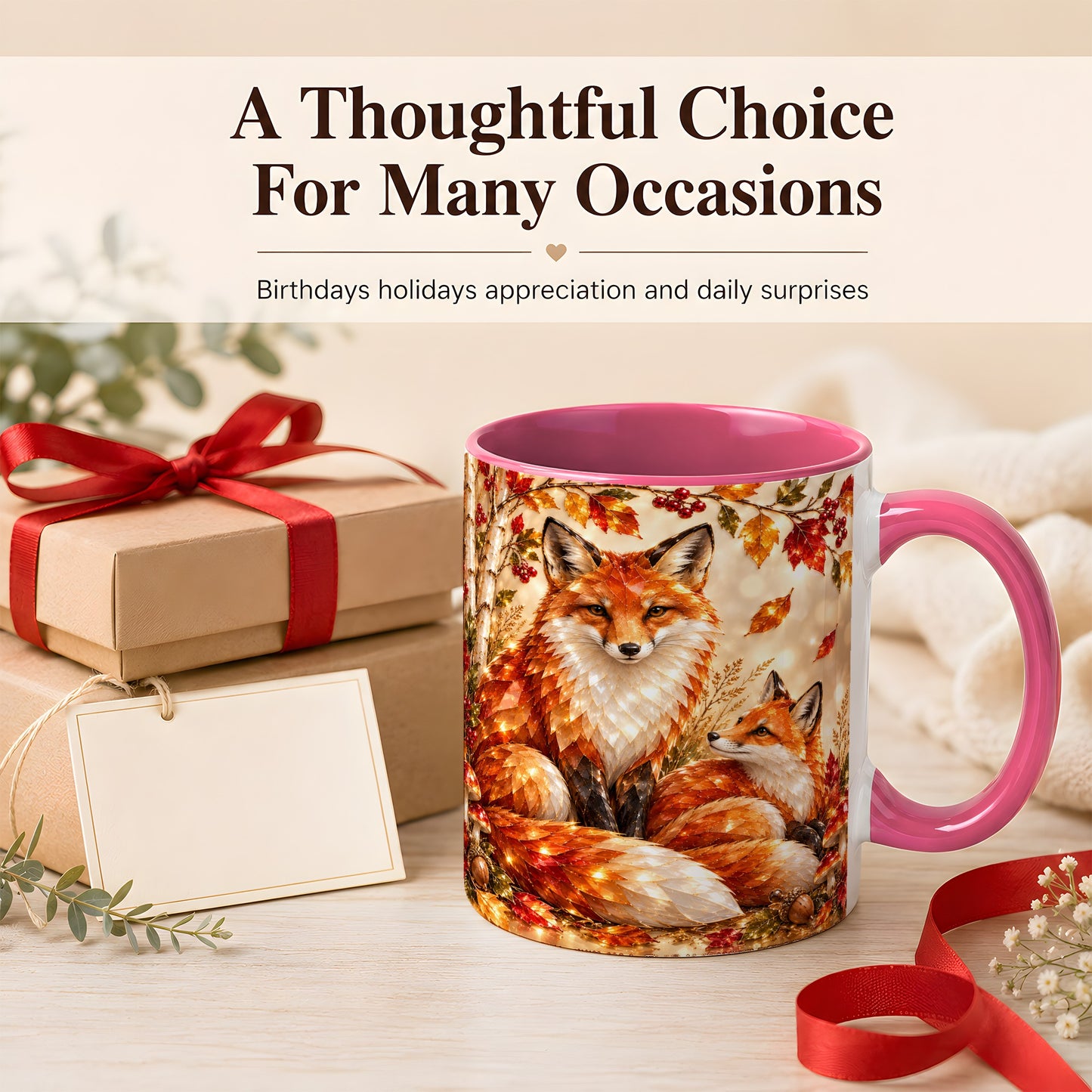 #pl[11oz|Pink] Faceted Fox Family Coffee Mug, Autumn Woodland Mug, Ceramic Cup