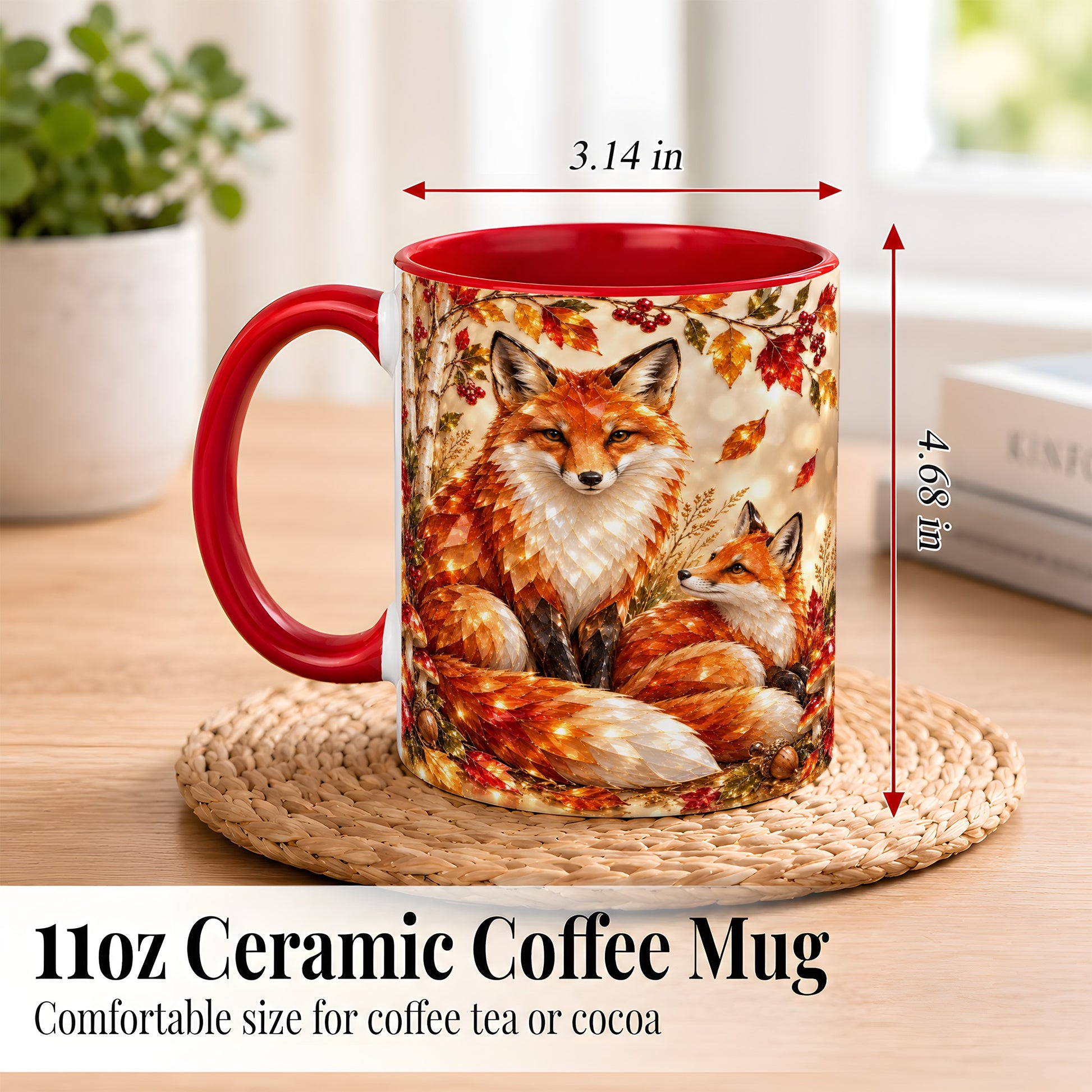 #pl[11oz|Red] Faceted Fox Family Coffee Mug, Autumn Woodland Mug, Ceramic Cup