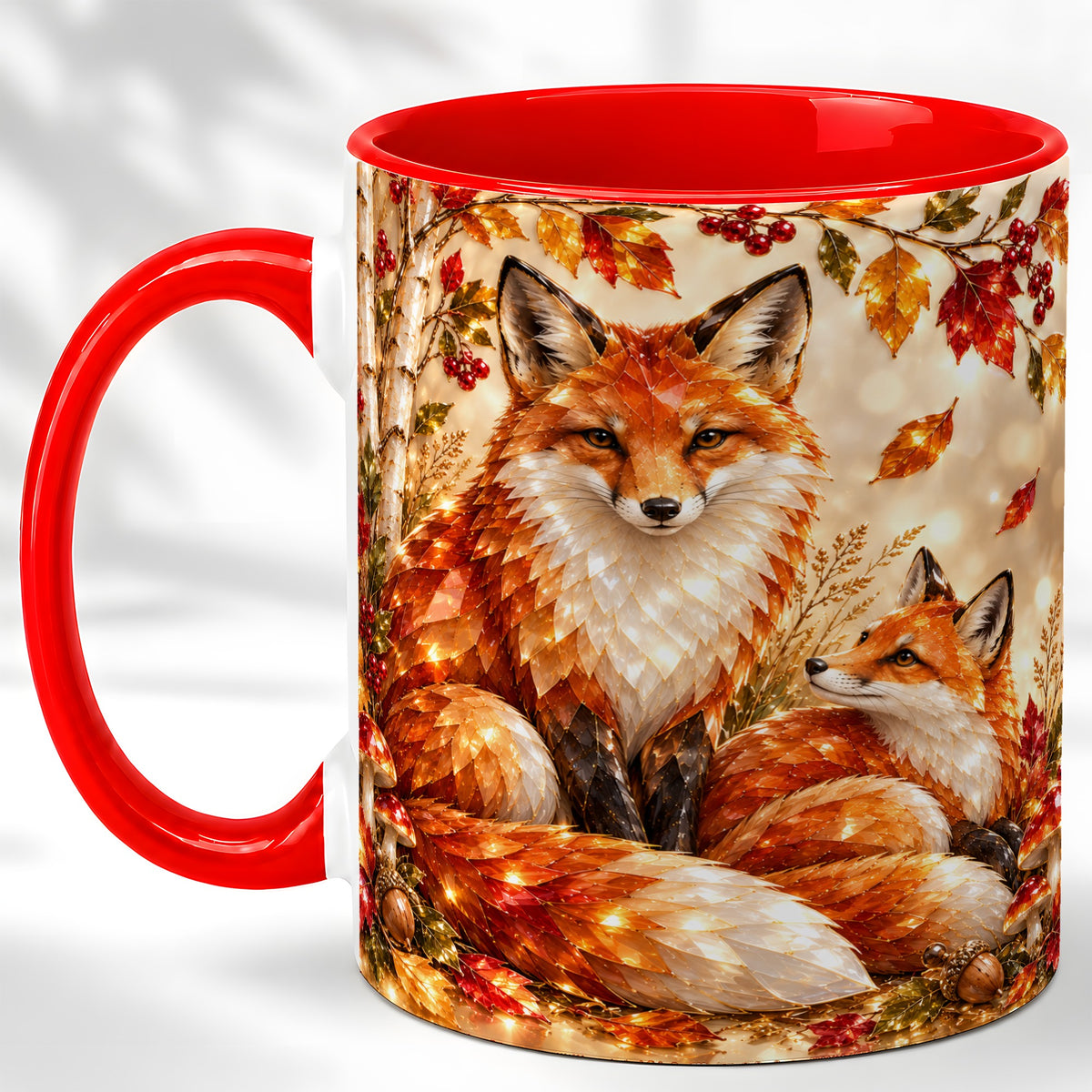 Faceted Fox Family Coffee Mug, Autumn Woodland Mug, Ceramic Cup