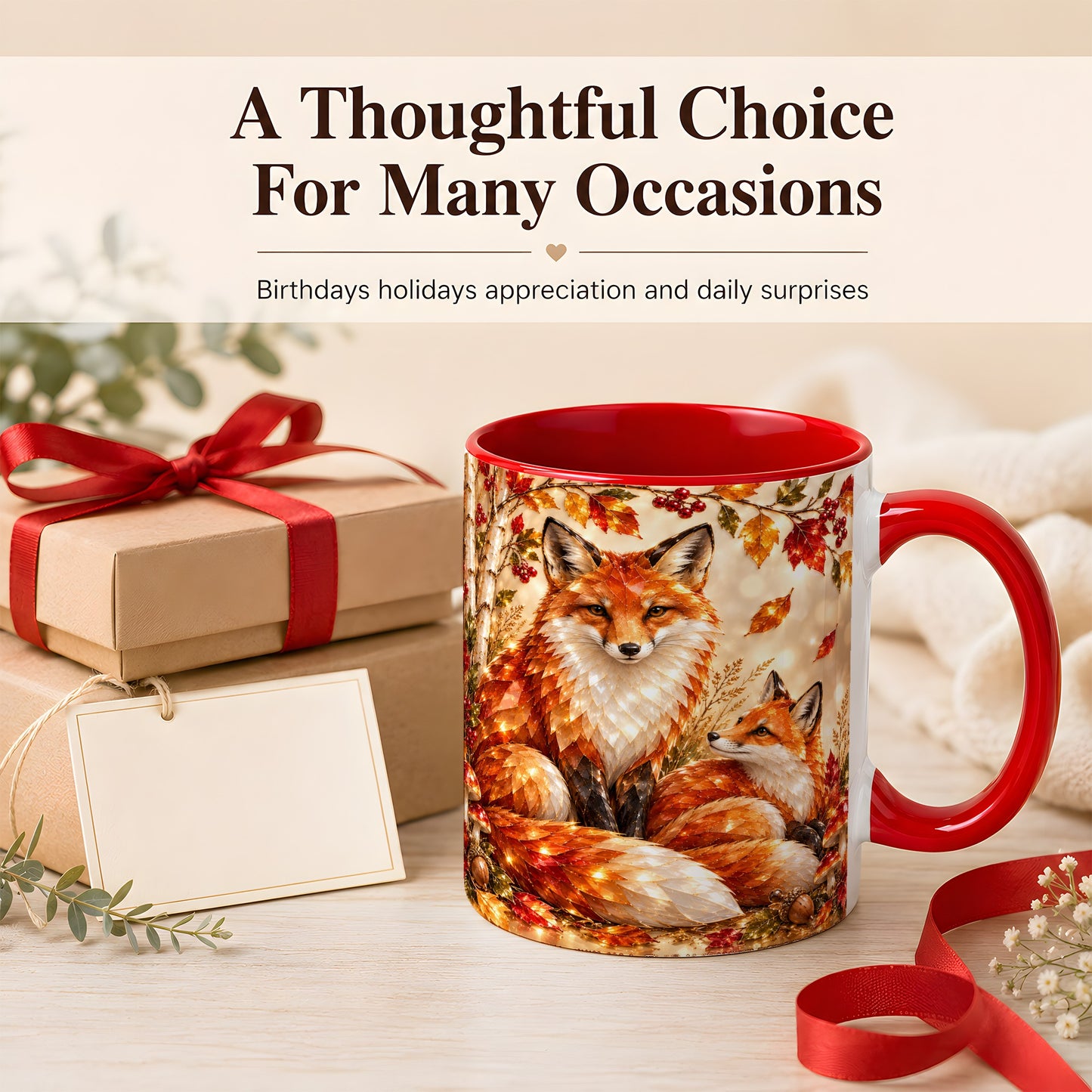 #pl[11oz|Red] Faceted Fox Family Coffee Mug, Autumn Woodland Mug, Ceramic Cup