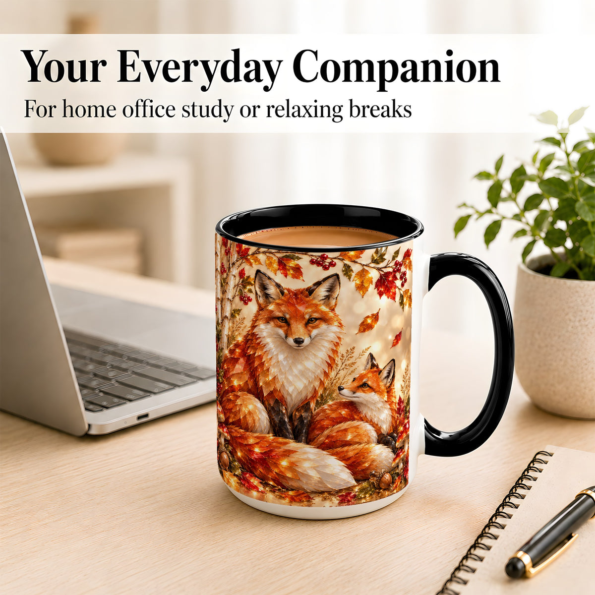 #pl[15oz|Black] Faceted Fox Family Coffee Mug, Autumn Woodland Mug, Ceramic Cup