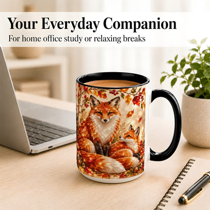 #pl[15oz|Black] Faceted Fox Family Coffee Mug, Autumn Woodland Mug, Ceramic Cup