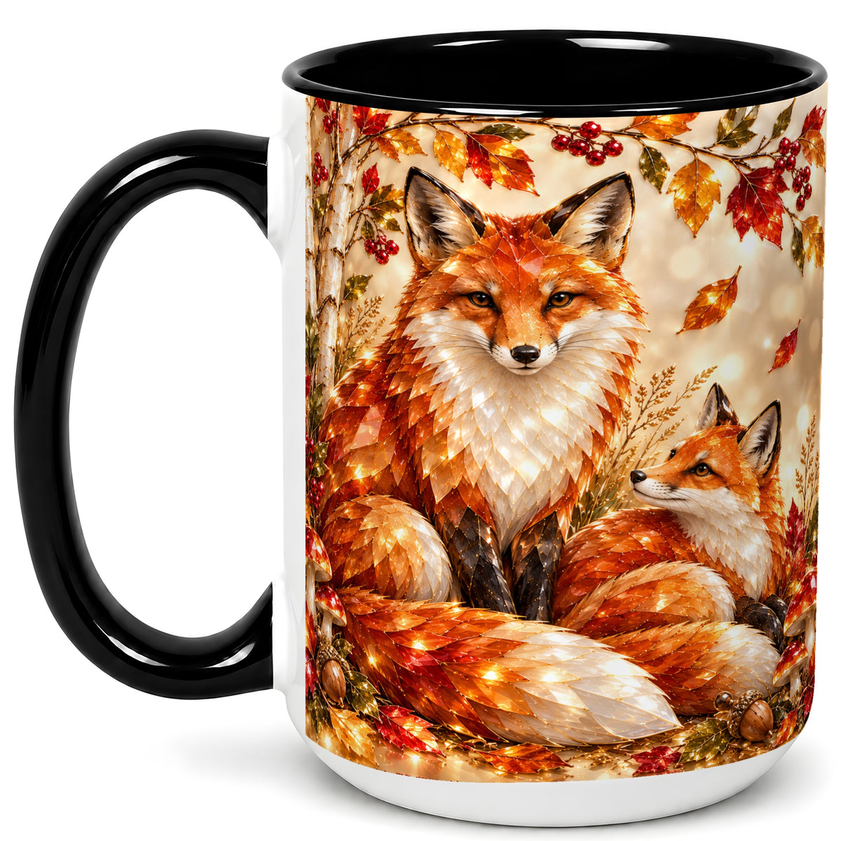 #pl[15oz|Black] Faceted Fox Family Coffee Mug, Autumn Woodland Mug, Ceramic Cup