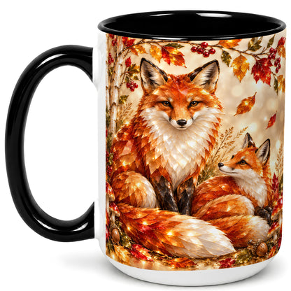 #pl[15oz|Black] Faceted Fox Family Coffee Mug, Autumn Woodland Mug, Ceramic Cup