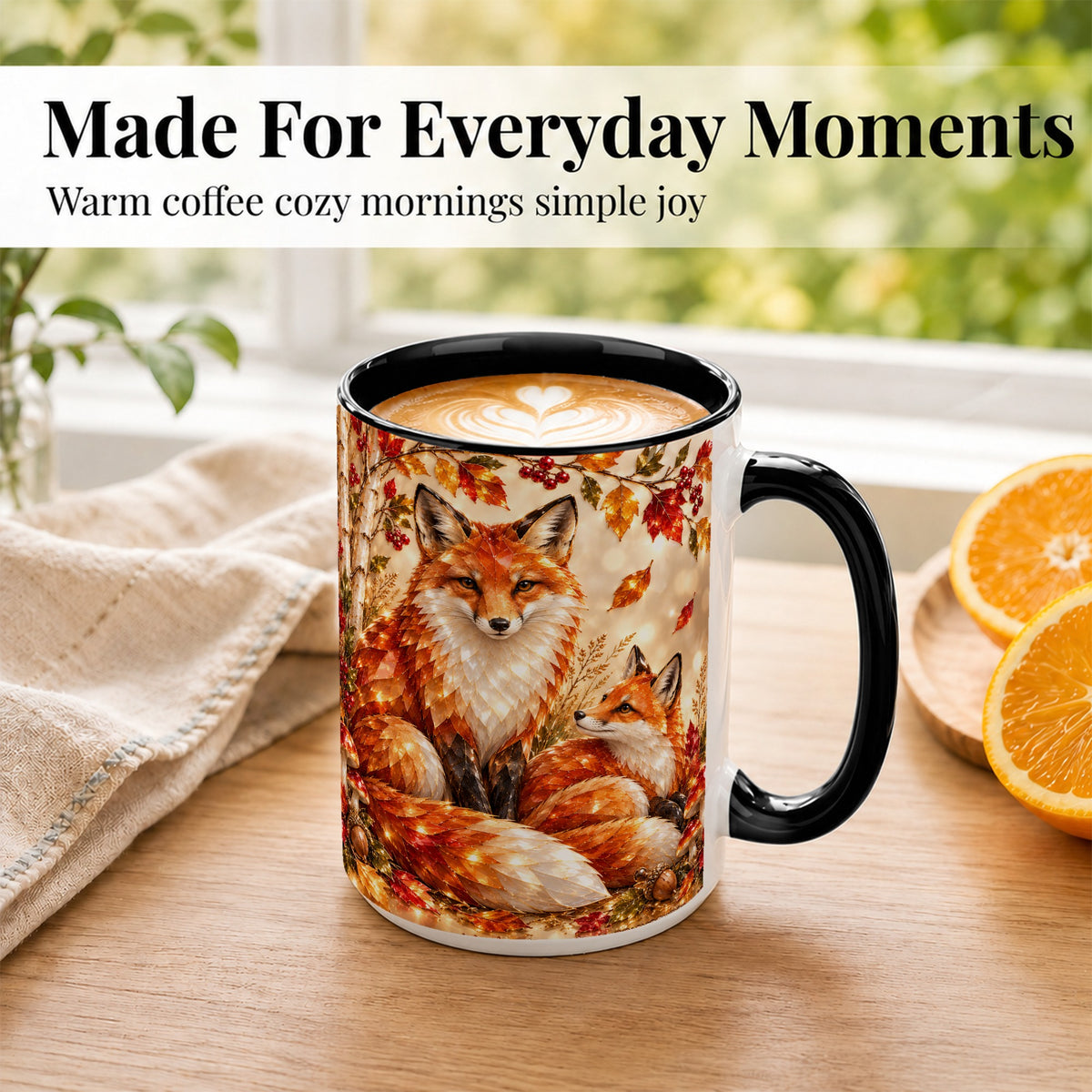 #pl[15oz|Black] Faceted Fox Family Coffee Mug, Autumn Woodland Mug, Ceramic Cup