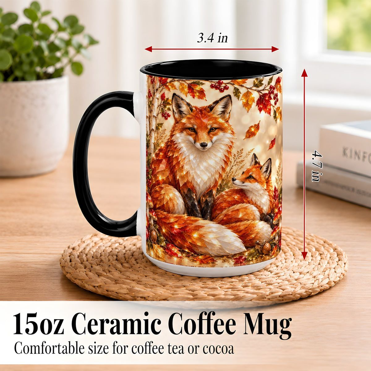 #pl[15oz|Black] Faceted Fox Family Coffee Mug, Autumn Woodland Mug, Ceramic Cup