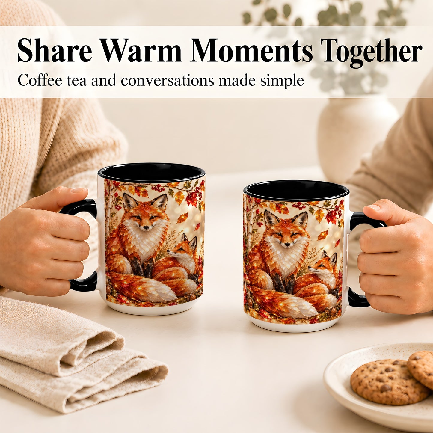 #pl[15oz|Black] Faceted Fox Family Coffee Mug, Autumn Woodland Mug, Ceramic Cup