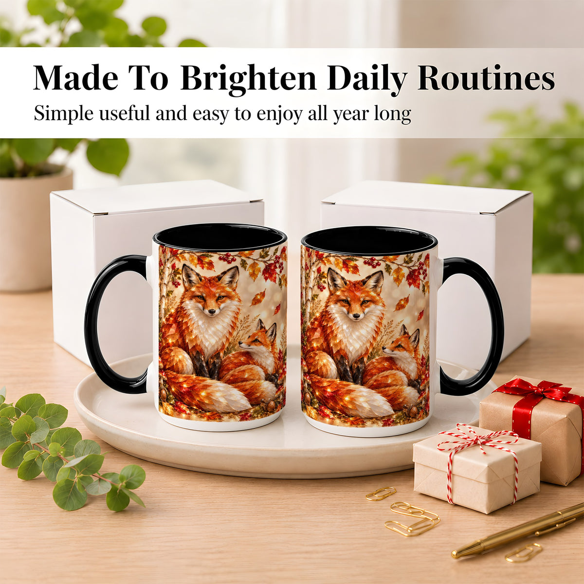 #pl[15oz|Black] Faceted Fox Family Coffee Mug, Autumn Woodland Mug, Ceramic Cup
