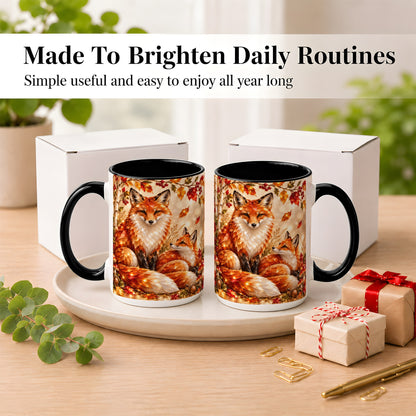 #pl[15oz|Black] Faceted Fox Family Coffee Mug, Autumn Woodland Mug, Ceramic Cup