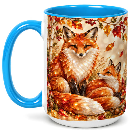 #pl[15oz|Blue] Faceted Fox Family Coffee Mug, Autumn Woodland Mug, Ceramic Cup